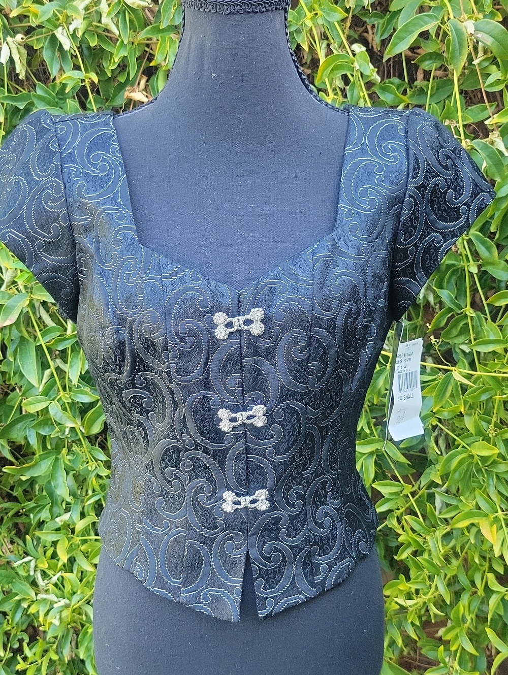 Vintage Black Embroidered Short Sleeve Corset Style Top with Clasps S